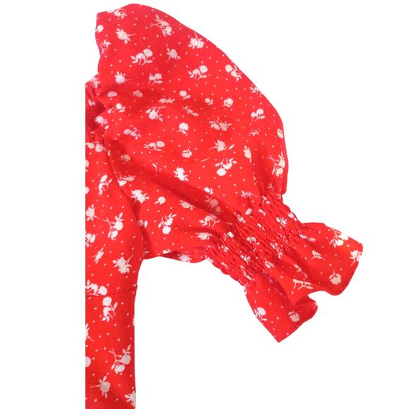 DIVIDEND by H&M Red White Floral Crop Top Blouse Puff Ruffle Sleeve Medium - Picture 7 of 8